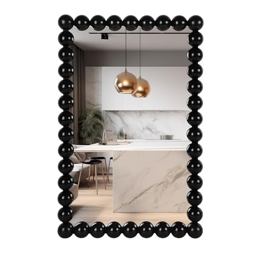 WRTRENDS Decorative Beaded Wall Mirror – Modern Rectangular Accent Mirror, 20″x30″, for Living Room, Bedroom, Bathroom, Entryway & Office – Available in Gold, Black, & White (Black)