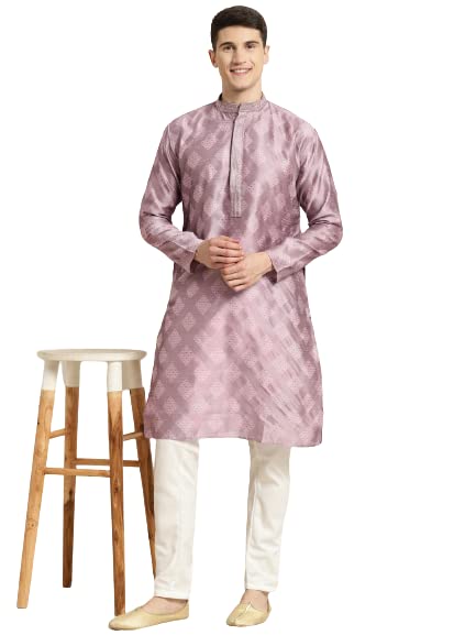 Sojanya (Since 1958 Men's Jacquard Silk Purple & Self Design Kurta & Off White Churidar Pyjama Set