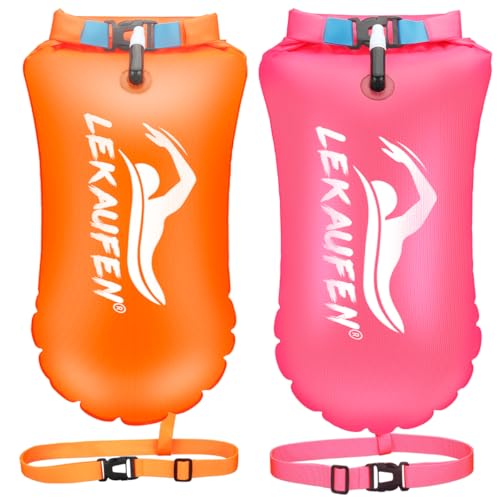 LeKaufen Swim Buoy for Open Water 2 Pack, 20L Swim Safety Float Waterproof Dry Bag for Swimmers Triathletes Kayakers Snorkelers, Swimming Pull Buoy for Safer Swim Training (Orange & Pink)