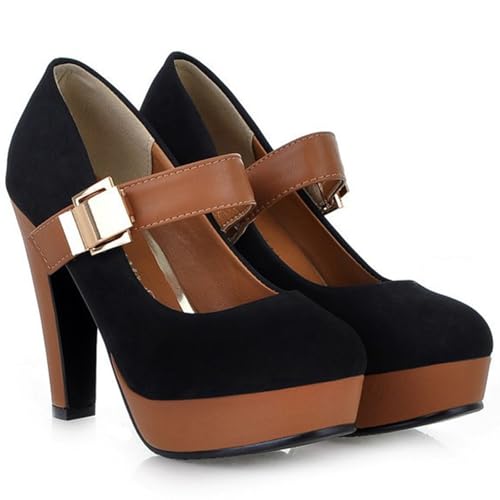 WUIWUIYU Women's Mary Jane Dress Shoes Work Casual Cosplay Platform Ankle Strap Round-Toe High Heels Hook&Loop Pumps