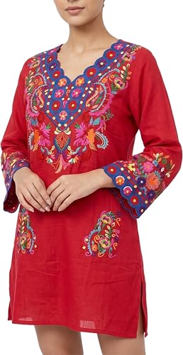 Image of YZXDORWJ Women Embroidered Mexican V Neck Floral Dress Long Sleeve Floral Traditional Bohemian Dress