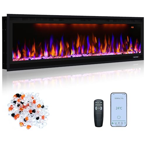 Oxhark Flame Elektrischer Kamin, schmaler Einbaukamin mit Fernbedienung, mehrfarbige Flammeneffekte mit realistischen Holzscheiten, Thermostat mit Timer, 750/1500 W, Schwarz