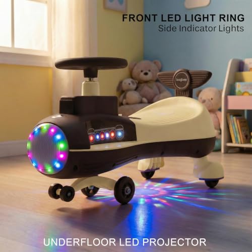 Image of Baybee Zygo Baby Swing Car for Kids with LED Lights & Music | 360 Steering Twister Push Ride On with Wide Seat, Storage & Smooth Glide | Wiggle Magic Car for Boys & Girls Aged 3+ Years (Brown)