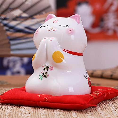Realideas Lucky Cat, Good Luck Cat,4.25 Inch Porcelain Maneki Neko Lucky Cat Praying Cat Figurine Statue Coin Bank thumb #2
