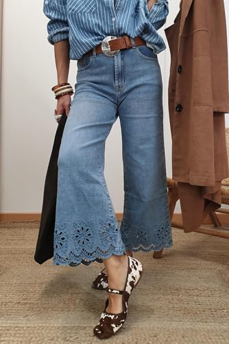 SELINK Casual High Waisted Jeans for Women Embroidered Cropped Wide Leg Jeans2