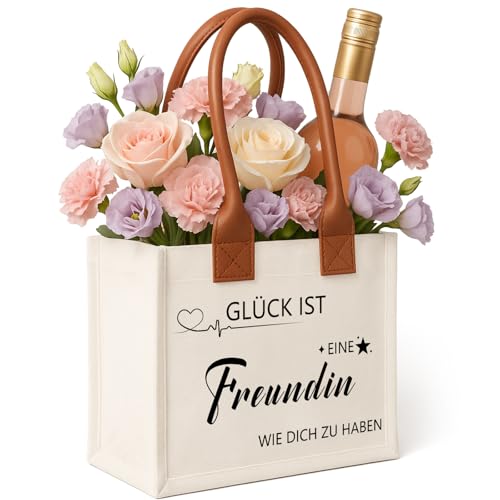 EKKONG Freundin Geschenkideen, Geschenk für Freundin Personalisierte Tasche Mit Spruch, Einkaufstasche, Canvas Tragetasche, Beste Freundschaftsgeschenke (Braun)