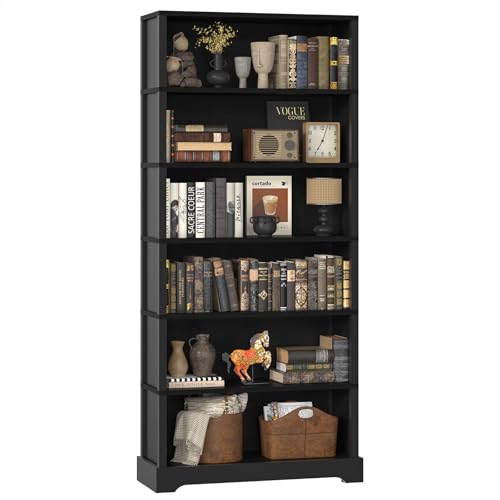 Image of TVU 6-Tier Wooden Bookshelf, 77.2 inch Tall Farmhouse Style Open Bookcase, 31.5 inch W Standing Book Shelf with Storage, Suitable for Study, Living Room, Office, Blcak