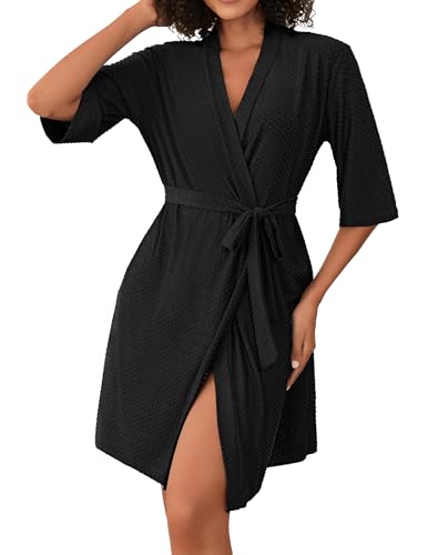 Ekouaer Short Robes for Women Lightweight Bathrobe Kimono Robes Knee Length 3/4 Sleeve Swiss Polka Dot Soft Robe with Pockets