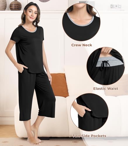 Image of NACHILA Bamboo Viscose Women's Pajamas Sets Short Sleeve Sleepwear and Capri Pants