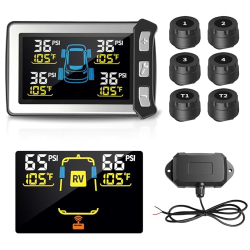Masoll RV Tire Pressure Monitoring System, Gen 2 Tire Pressure Monitor with Color LCD Display, TPMS with 6 Sensors for Travel Trailer/5th Wheel/Camper, 0-87PSI with 120ft Transmission Distance