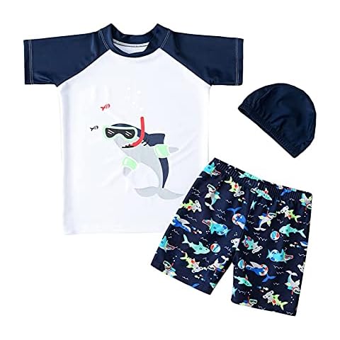 Kids Boys Swimsuit Children Swimming Costume Swimming Cap Swimming Shorts Boys Stretchy Swim Suit Comfy Swimwear for Age 1-13 Years(White,9-11 Years) Cover