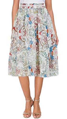 Afibi Womens Summer High Waist Chiffon Floral Print Swing Beach Mini Skirt (X-Large, White-Long)