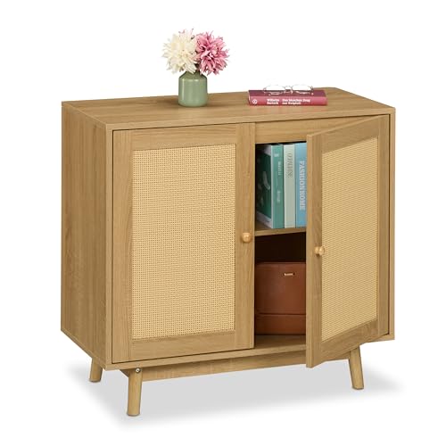 Relaxdays Sideboard, 2 Fächer, Rattan- & Holzoptik, HxBxT: 75 x 80 x...