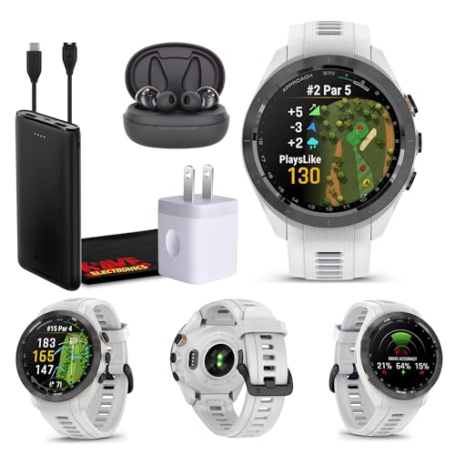 Garmin Approach S70 42MM White- GPS Golf Smartwatch for Men, Lightweight Touchscreen AMOLED Display and Preloaded Courses Bundle with Wireless Earbuds & More