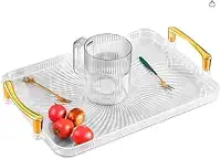 Bandeja com Alça Média Multiuso em Acrílico, Transparente com Alças Douradas, 30x21x2cm, Resistente, Fácil de Limpar