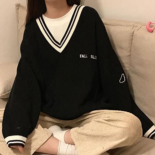 Image of Korean Women's Sweater Academy Style V-Neck Letter Pullover Women's Casual Loose Sweater