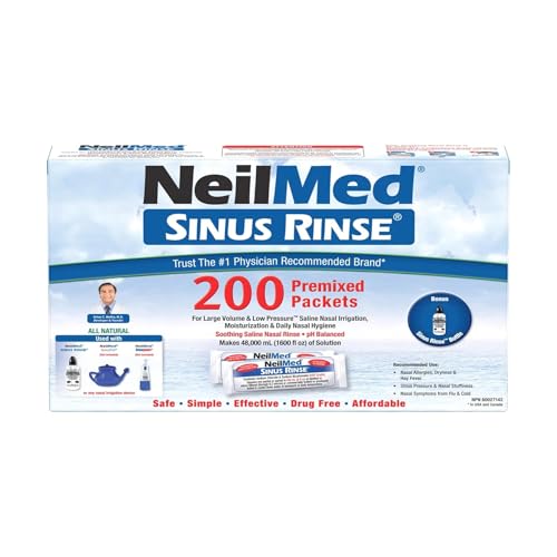 NeilMed Sinus Rinse Kit for Nasal Irrigation and Sinus Relief 200 Premixed Saline Packets with 240ml Rinse Bottle