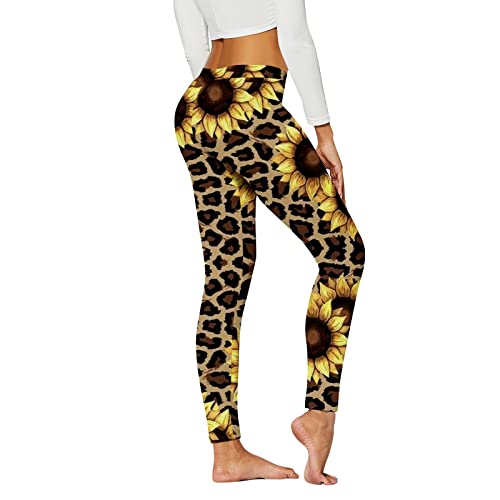Cuwtheugwg Mallas De Fitness Mujer Pantalones de Yoga Deportivos de Cintura Alta Ajustados de Moda Informal para Mujer Leggings con Estampado de Girasol y Leopardo Mallas Mujer Embarazada (Coffee, L)