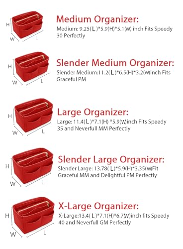 Image of Felt Purse Insert Handbag Organizer Bag in Bag Organizer with zipper Bag Tote Shaper for Speedy Neverfull 8021 Red L2