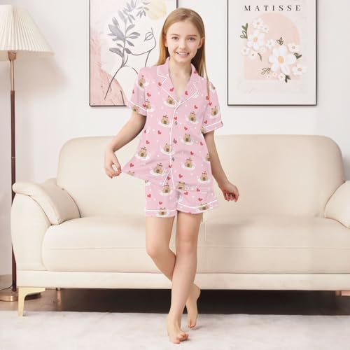 Cartoon Bathing Capybara with Flowers Summer Satin Pajama Set, Cute Button-Down Sleepwear Pj Set for Sleep Wears3