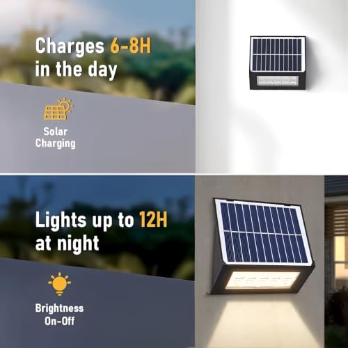 Image of XERGY Solar Powered Modern Slim Outdoor Wall Light | 2 Light Mode | 20 LED | 1200mAh Battery | Auto ON /Off Dusk to Dawn | Waterproof-Warm White Plant Focus Lighting for Garden, Fence & Exterior Decor