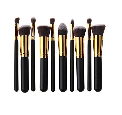 HOSL 10PCS Premium Synthetic Hair Makeup Brush Set Cosmetics Foundation Blending Blush Face Powder Brush Makeup Brush Kit (Golden and Black)