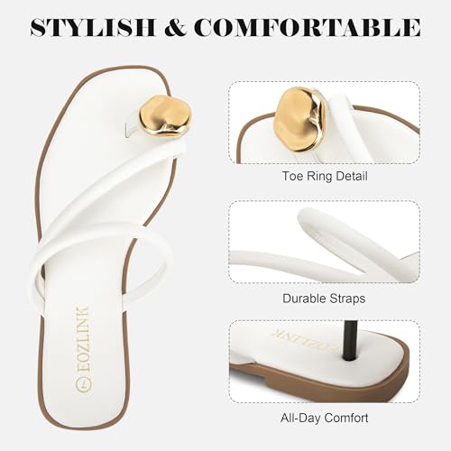 Image of Eozlink Women's Toe Ring Flat Sandals, Slip On Dressy Summer Slides | PU upper with square toe and metal accent for resort and casual outfits