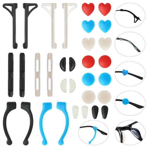 ESSSO Glasses Ear Grip – 16 Pairs of Anti-Slip Eyeglass Ear Grips in 7 Styles Silicone Glasses Ear Cushion for Sports, Study & Work, Prevent Slipping with Eye Glasses Ear Grippers