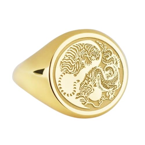 Bague argent 925 tigre dragon yin yang chevalière homme femme or 14mm