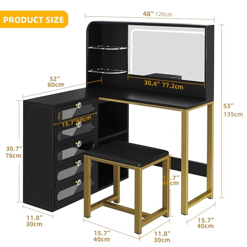 DWVO Corner Makeup Vanity Desk with Lights and Mirror, 48" L Shaped Black Vanity Set with Stool, 5 Acrylic Visualized Drawer, Adjustable 3 Lighting Mode, Bedroom Large Dressing Table for Women