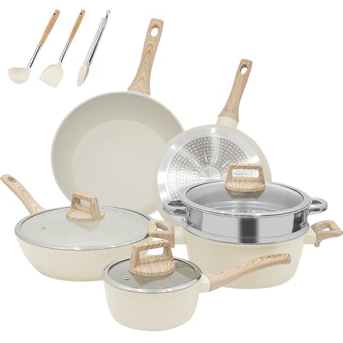 Reviews de Sartenes para freír del mes. 47 Juego de Ollas y Sartenes Antiadherentes, bateria de cocina 12 Piezas,Sarten Batería de Cocina con Mango Desmontable, Sartén para Freír Apto para Cocina de Inducción y Horno,...