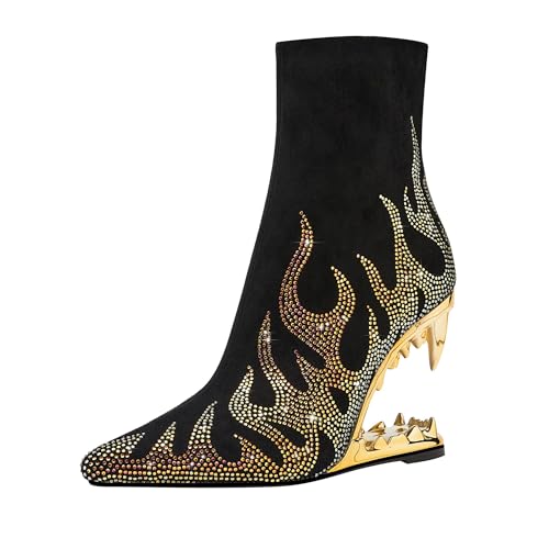 Women's Tiger Tooth Flame Rhinestone Ankle Boots Pointed Toe Suede Side Zipper Fashion Short Boots