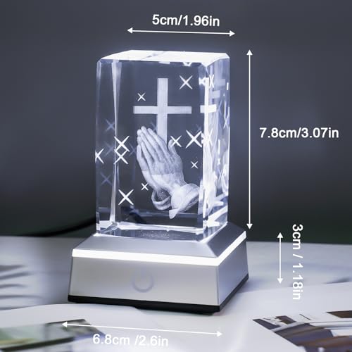 Image of 3D Praying Hands Crystal Night Light with Multicolor LED Base Glass Laser Engraved Cross Figurine Religious Christian Gifts for Men Women Birthday Christmas Room Home Decor