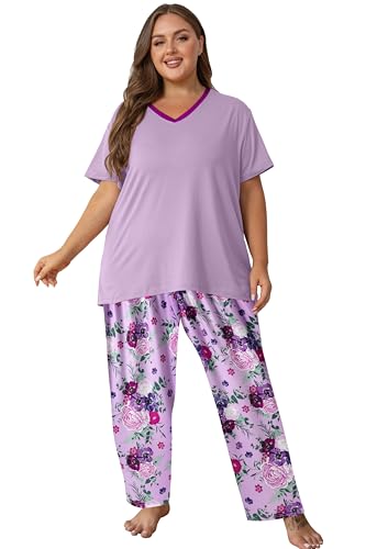 Image of Vozanet Women's Pajama Sets Short Sleeve with Long Pant Soft Sleepwear Printed pj Loungewear With TWO Pockets Size 1X to 5X