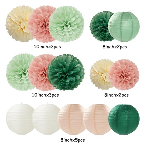 Image of Sage-Green Pink Party-Decorations Paper-Flowers Lanterns - 15PCS Birthday Boho Rustic Tissue Pom Poms Streamers,Baby Shower Neutral Wedding Graduation Bridal Safari Hanging Supplies Decor Hugfond