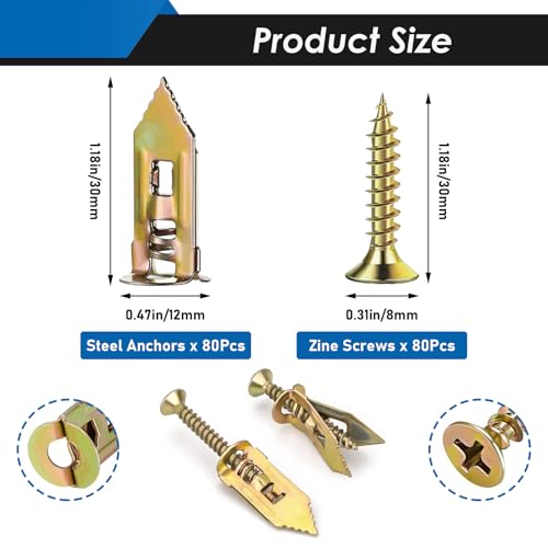 Image of 160Pcs Self Drilling Drywall Anchors with Screws, 80Pcs Sheetrock Anchors (0.47x1.18Inch) & 80Pcs Expansion Screws, Zinc Plated Steel Drywall Anchors No Drilling Required Holds Up to 66lbs