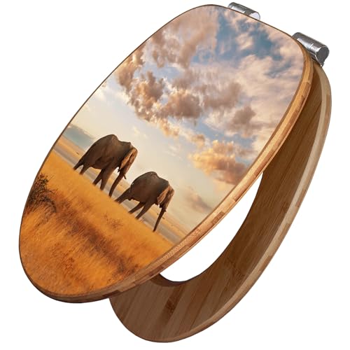 banjado Design WC Sitz Bambus Absenkautomatik 45,8x37,5cm / Toilettendeckel mit Absenkautomatik Holz/hochwertiger Bambus Klodeckel/WC-Sitz für gängigen Toiletten/Motiv Elefanten