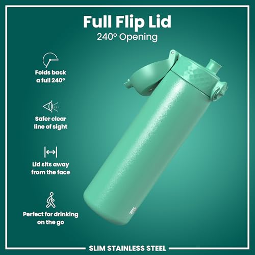 Image of Ion8 Steel Water Bottle, 600 ml /20 oz, Leak Proof, Easy to Open, Secure Lock, Dishwasher Safe, Flip Cover, Fits Cup Holders, Carry Handle, Durable, Scratch Resistant, Carbon Neutral, Teal Green