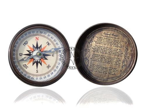 Brújula con reloj de sol redondo de latón antiguo negro de 3 pulgadas con caja de madera miniatura 5