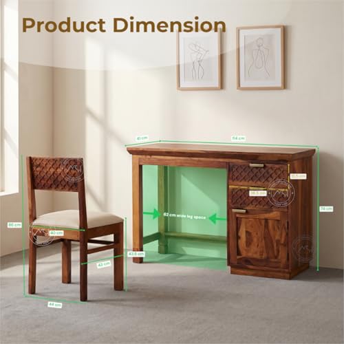 Image of NSH Solid Sheesham Wood Study Table with Chair | Wooden Writing Desk with Drawer & Door Storage | Pre-Assembled Computer Desk Workstation for Home Office & Study Room | Honey Finish