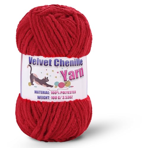 Image of Fluffy Chenille Yarn for Crocheting, Chunky Velvet Yarn for Crochet Amigurumi, Used for Making Baby Yarns Blanket, Clothes, Pattern Knitting Creations (1-Red)