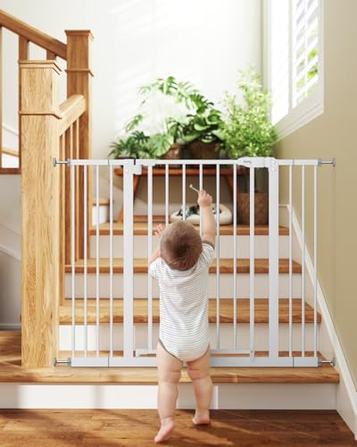 Image of keny 29 inch-42.5 inch Baby Gate for Stairs, Auto Close Safety Dog Gate | Pressure Mounted Easy Walk Through Pet Gate for Doorways, Durable Stair Gate, 30 inch Tall, White