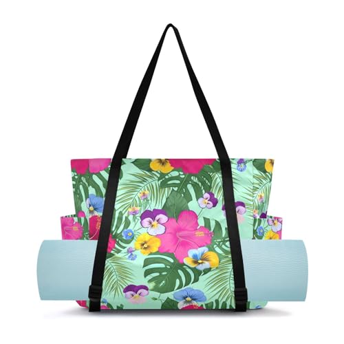 Lxqimora Hibiscus Pansies Lightgreen Yoga Mat Bag for Women Water-Resistant Gym Bag with Yoga Mat Holder Tote Bag for Office Gym Travel Yoga