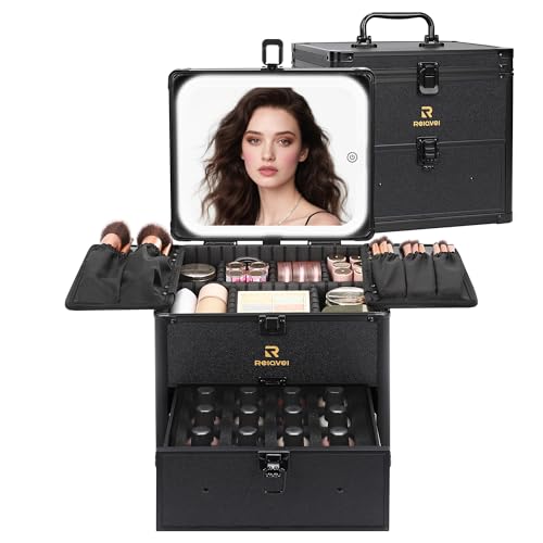 Image of Relavel Makeup Bag with LED Mirror, Dual Layer Cosmetic Train Case with Light up Mirror Large Travel Makeup Artist Organizer Bag for Women with Adjustable Dividers & Nail Polish Organizer, Black
