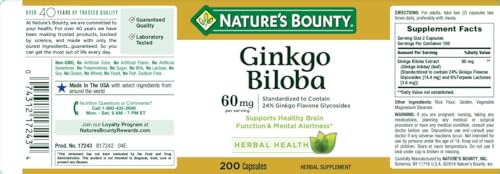 Nature's Bounty Ginkgo Biloba 60mg Capsules 200 ea (Pack of 9) - Image 3