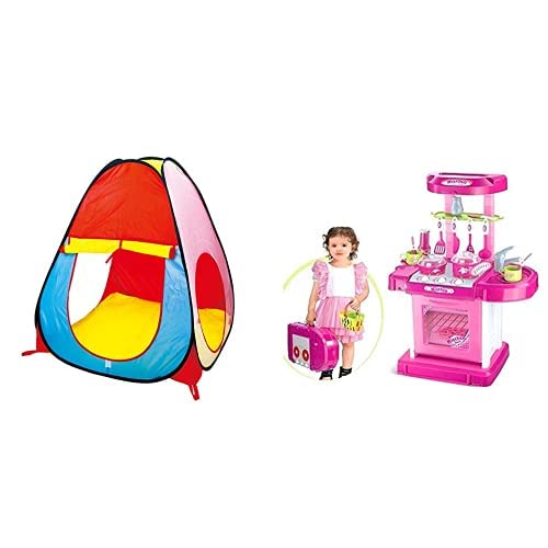 Image of Popsugar Camp N Play Tent for Kids | Indoor or Outdoor, Foldable Tent, Portable, Multicolor & Popsugar Kitchen Set with Light and Sound (Pink,TH008-58) Combo