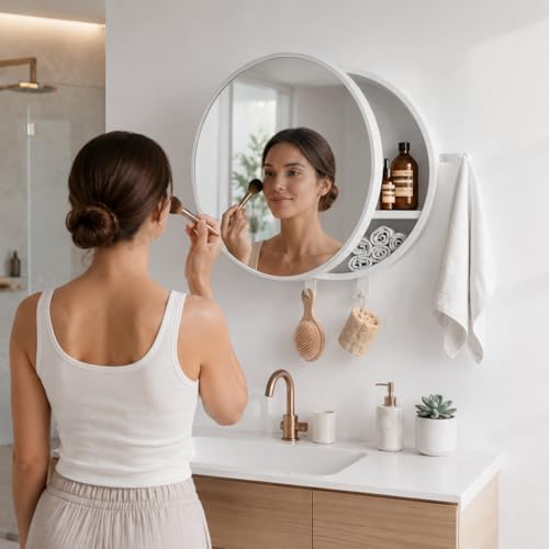 Image of BRANCO Pearl Round Bathroom Mirror Cabinet with One Towel Holder & 2 Accessories Hooks | Wall-Mounted Modern Design Cabinet with Storage | Bathroom Organizer with 6 Toothbrushed and Toothpaste Holder