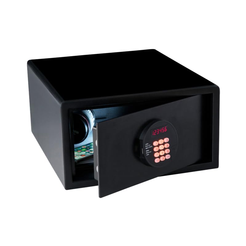 JVD Fortress Plus Digital Safe Locker with its door open, showing a smartphone and other items inside.