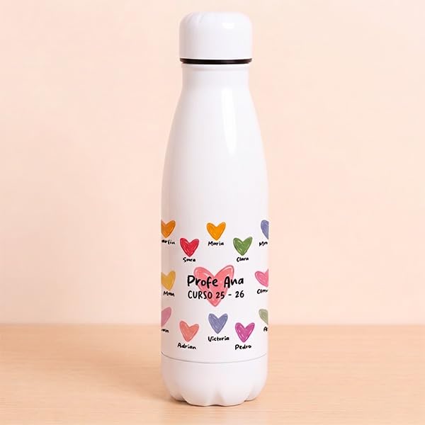 Transparent Gift Garrafa de corações personalizada para professores. Garrafa com nomes de alunos. Presente original fim de curso. Presentes personalizados para professores e professores.