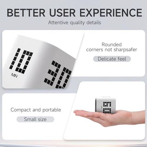 Image of Rotating Productivity Timer 5, 10, 30, 60 Minutes Preset, Desk Cube w /Gravity Sensor for ADHD, Mute Functions, Ideal for Work, Study, Kitchen, Back to School (White)